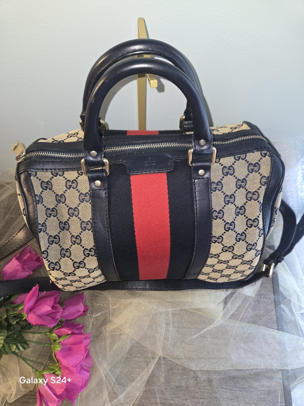 Gucci Vintage GG Canvas Web Boston Bag | Navy Leather | Crossbody/Top Handle